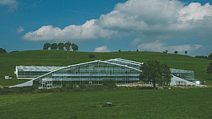 Das Tropenhaus in Wolhusen mit Glasfassade in grüner Hügellandschaft.